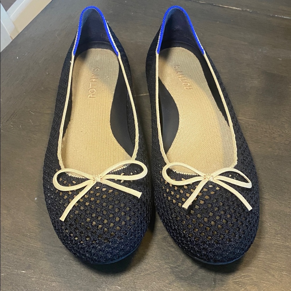 Rothy's Black Knit Ballet Flats with Cream Bow Trim - Picture 3 of 5